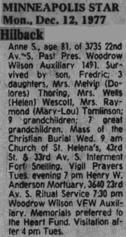 Anne Hilback obit
